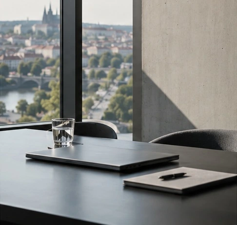 Illustrative architectural study of daylight, a desk and a Prague city view.